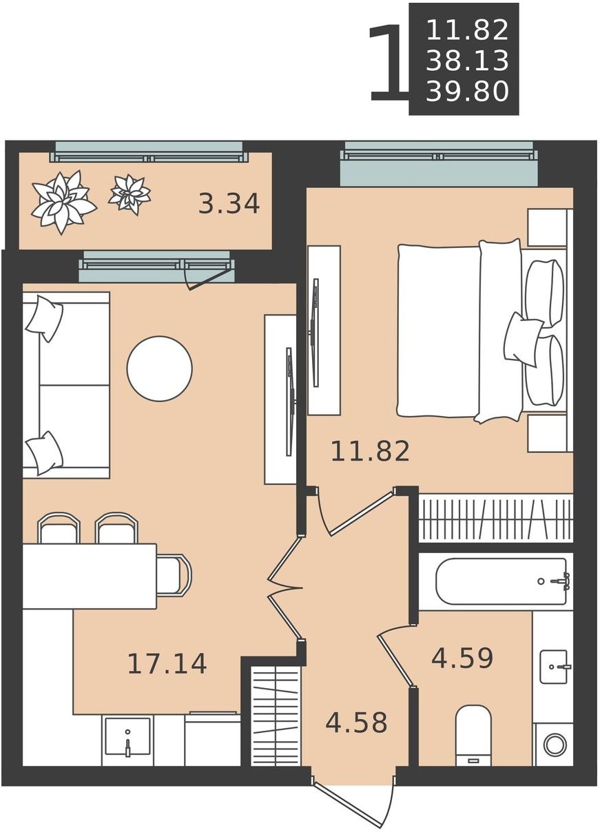 1-комнатная квартира без отделки, 39.8 м2, 1 этаж, сдача 1 квартал 2024 г., ЖК Мишино-2, корпус 6 - объявление 2073936 - фото №1