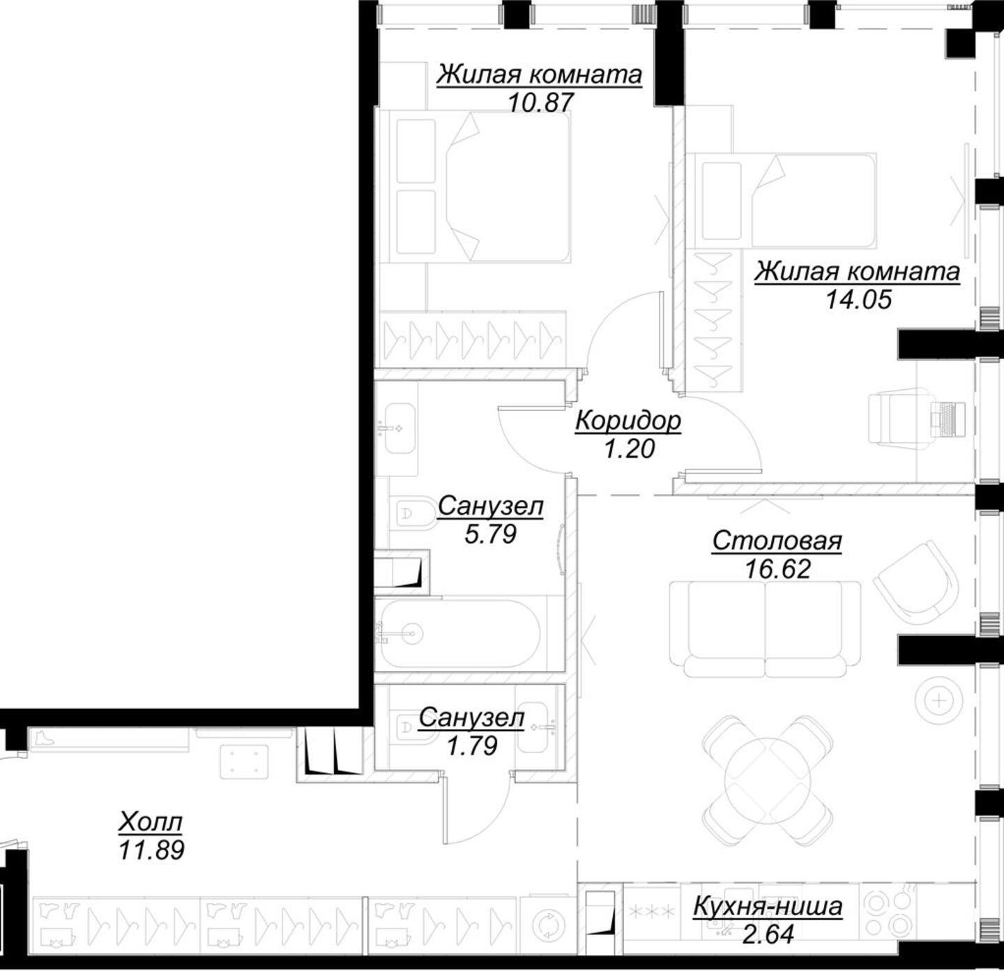 2-комнатная квартира с частичной отделкой, 65.64 м2, 31 этаж, сдача 4 квартал 2024 г., ЖК MOD, корпус Camus - объявление 2213016 - фото №1