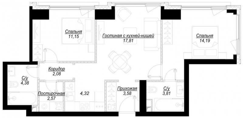2-комнатная квартира с частичной отделкой, 63.9 м2, 9 этаж, сдача 1 квартал 2023 г., ЖК Hide, корпус RiverSide - объявление 1756878 - фото №1