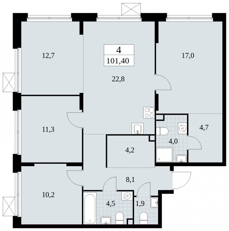 4-комнатная квартира без отделки, 101.4 м2, 2 этаж, сдача 1 квартал 2025 г., ЖК Скандинавия, корпус 2.27.5 - объявление 1840787 - фото №1