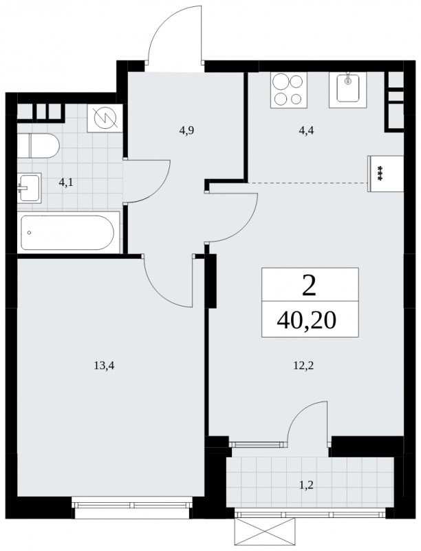 2-комнатная квартира (евро) с частичной отделкой, 40.2 м2, 6 этаж, сдача 3 квартал 2025 г., ЖК Дзен-кварталы, корпус 2.2 - объявление 1932338 - фото №1