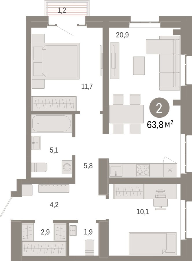 2-комнатная квартира с частичной отделкой, 63.8 м2, 15 этаж, сдача 3 квартал 2026 г., ЖК Квартал Метроном, корпус 1 - объявление 2300595 - фото №1