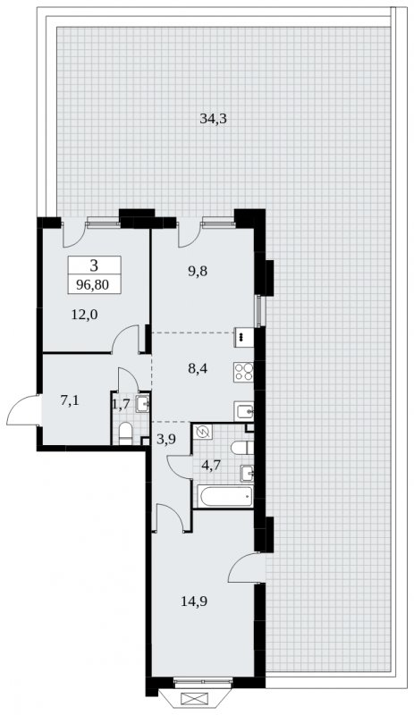 3-комнатная квартира (евро) без отделки, 96.8 м2, 2 этаж, сдача 4 квартал 2024 г., ЖК Бунинские кварталы, корпус 1.3 - объявление 1834561 - фото №1