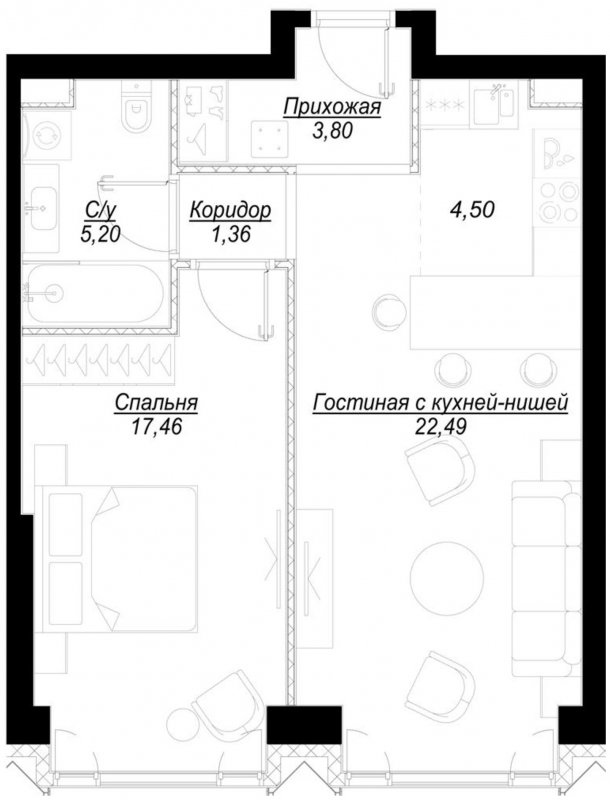 1-комнатная квартира с частичной отделкой, 54.8 м2, 2 этаж, сдача 1 квартал 2023 г., ЖК Hide, корпус ParkLane - объявление 1707049 - фото №1