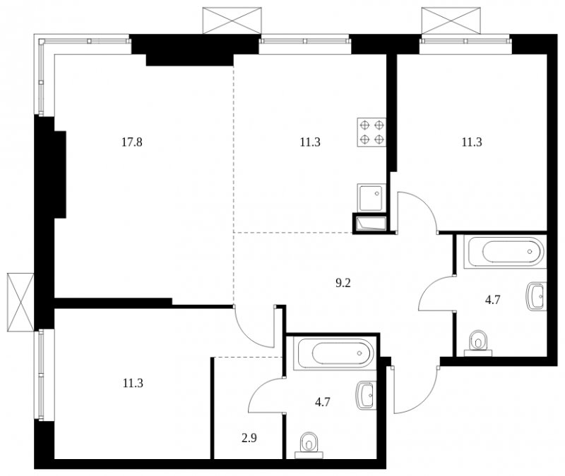 3-комнатная квартира без отделки, 73.2 м2, 2 этаж, сдача 4 квартал 2023 г., ЖК Holland park, корпус 11 - объявление 1653437 - фото №1