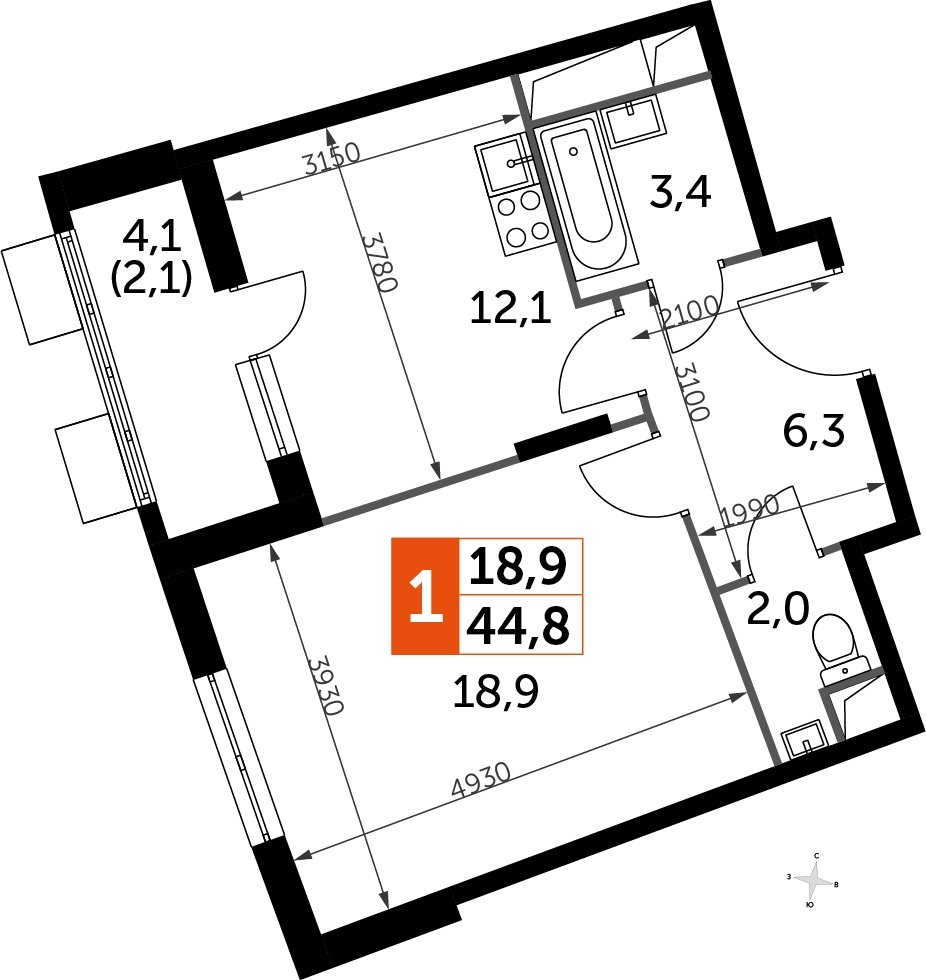 1-комнатная квартира с полной отделкой, 44.8 м2, 3 этаж, дом сдан, ЖК UP-квартал Римский, корпус 7 - объявление 2208509 - фото №1