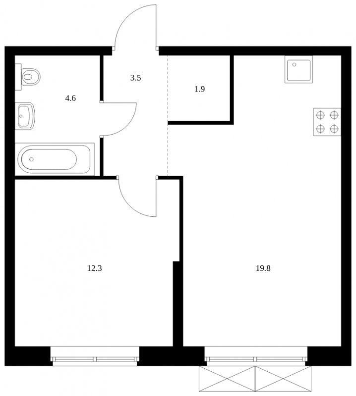 1-комнатная квартира без отделки, 42.1 м2, 12 этаж, сдача 4 квартал 2023 г., ЖК Holland park, корпус 11 - объявление 1757184 - фото №1