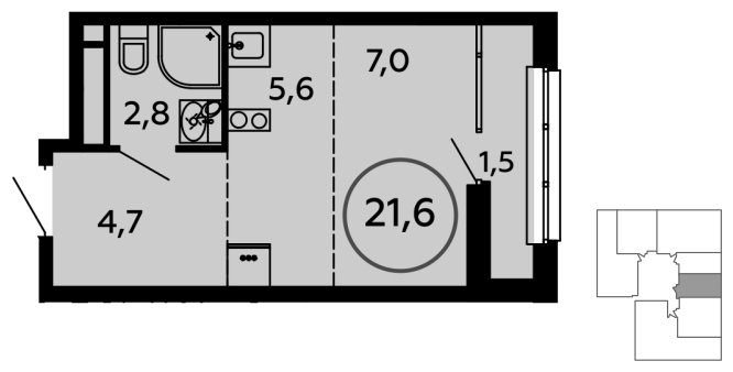 Студия с полной отделкой, 21.6 м2, 16 этаж, сдача 3 квартал 2023 г., ЖК Скандинавия, корпус 2.14.2 - объявление 1499899 - фото №1