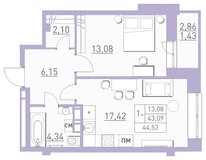 2-комнатная квартира (евро) 43.9 м2, 16 этаж, дом сдан, ЖК Столичный, корпус 19 - объявление 1841783 - фото №1