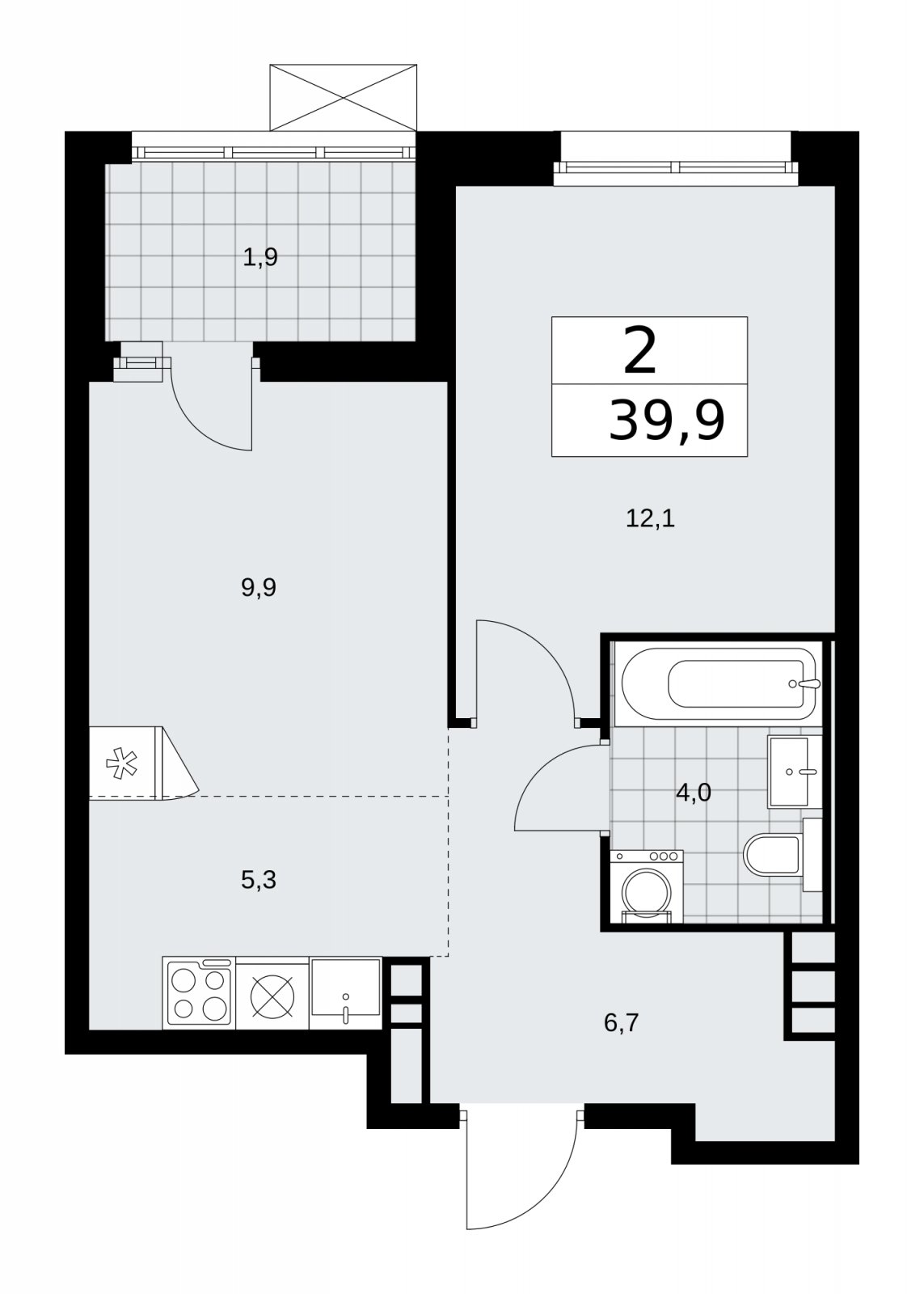 2-комнатная квартира (евро) с частичной отделкой, 39.9 м2, 6 этаж, сдача 2 квартал 2026 г., ЖК Скандинавия, корпус 25.2 - объявление 2283502 - фото №1