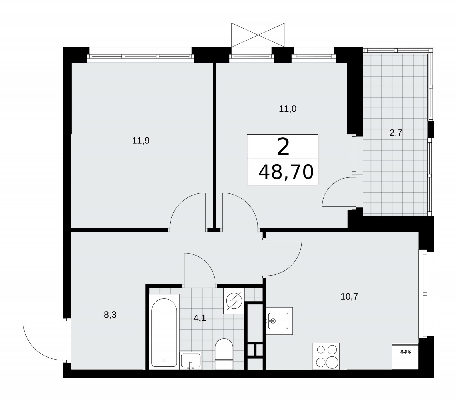 2-комнатная квартира с частичной отделкой, 48.7 м2, 13 этаж, сдача 4 квартал 2025 г., ЖК Бунинские кварталы, корпус 3.5 - объявление 2152225 - фото №1