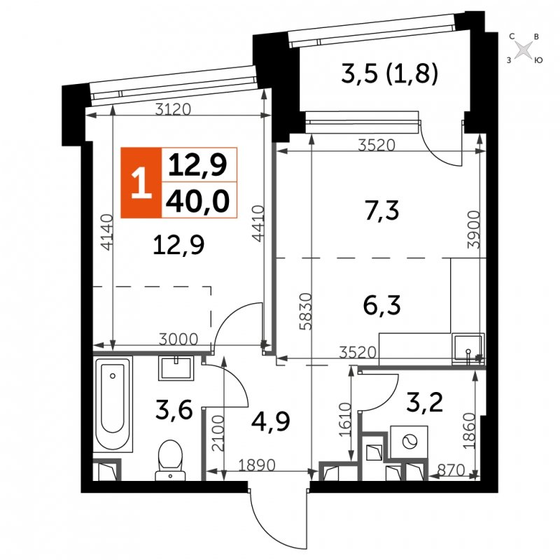 1-комнатная квартира с частичной отделкой, 40 м2, 6 этаж, сдача 4 квартал 2024 г., ЖК ROTTERDAM, корпус 2.3 - объявление 1667674 - фото №1