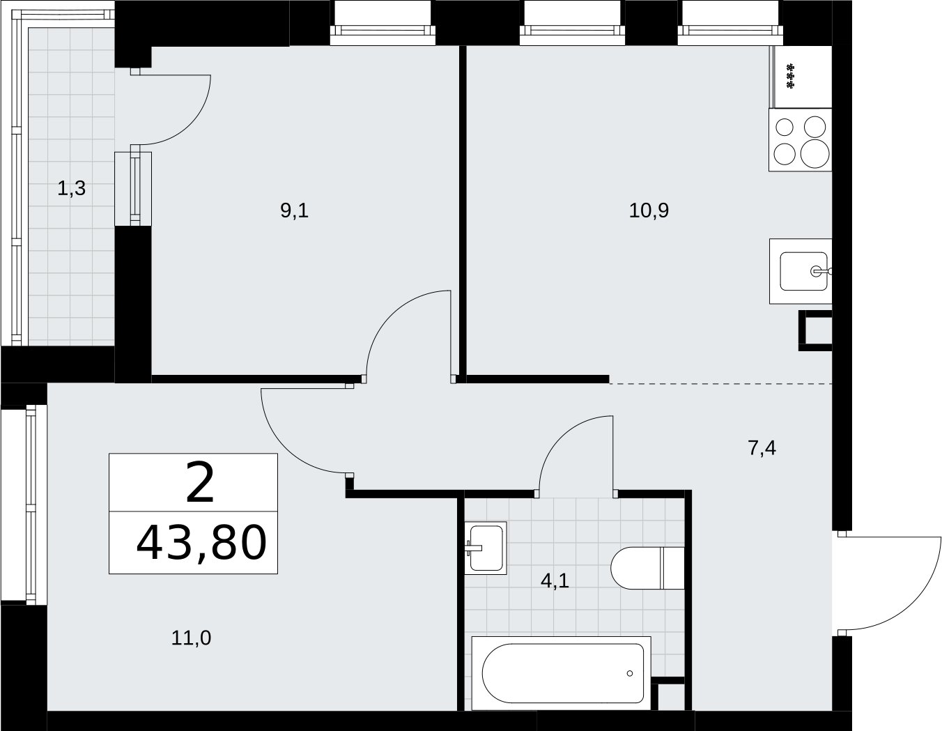 2-комнатная квартира (евро) без отделки, 43.8 м2, 2 этаж, сдача 3 квартал 2026 г., ЖК Родные кварталы, корпус 3.5 - объявление 2378709 - фото №1