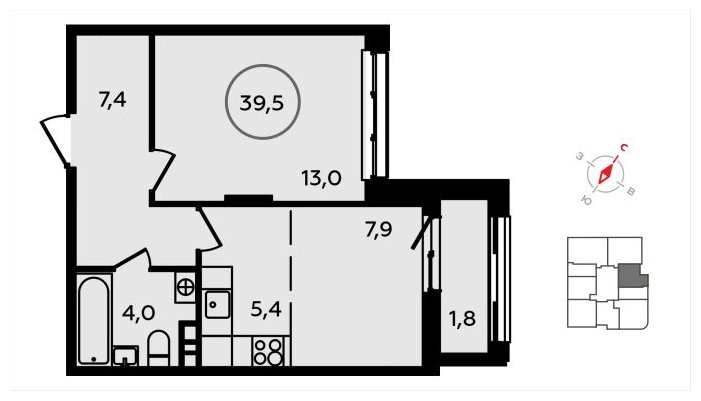 2-комнатная квартира (евро) без отделки, 39.5 м2, 3 этаж, сдача 3 квартал 2024 г., ЖК Скандинавия, корпус 22.1 - объявление 1625197 - фото №1