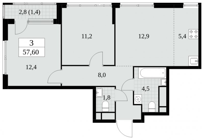 3-комнатная квартира (евро) без отделки, 57.6 м2, 27 этаж, сдача 2 квартал 2025 г., ЖК Южные сады, корпус 2.4 - объявление 1760526 - фото №1