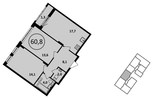 2-комнатная квартира без отделки, 60.8 м2, 13 этаж, сдача 4 квартал 2022 г., ЖК Испанские кварталы, корпус 5.4 - объявление 1409591 - фото №1