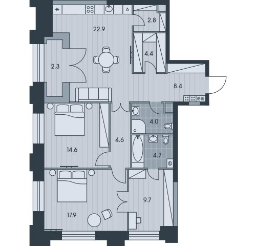 3-комнатная квартира без отделки, 96.3 м2, 29 этаж, сдача 3 квартал 2025 г., ЖК EVER, корпус 6 - объявление 2377014 - фото №1
