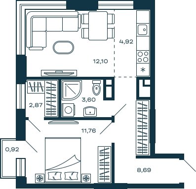 1-комнатная квартира без отделки, 44.22 м2, 3 этаж, сдача 3 квартал 2025 г., ЖК М_5, корпус 2 - объявление 2022001 - фото №1
