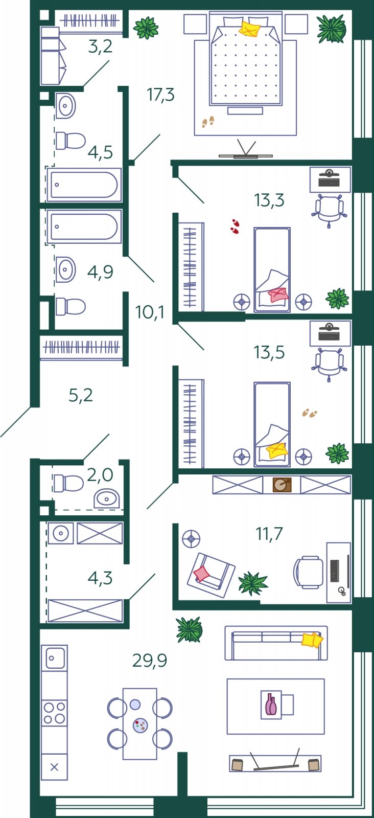 4-комнатная квартира без отделки, 119.9 м2, 27 этаж, сдача 1 квартал 2024 г., ЖК SHAGAL, корпус 1.7 - объявление 2072247 - фото №1