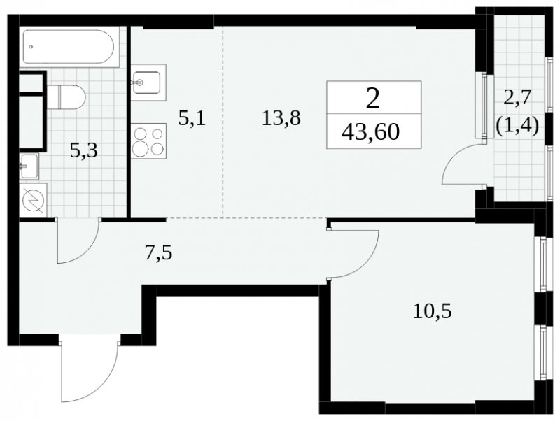 2-комнатная квартира (евро) без отделки, 43.6 м2, 15 этаж, сдача 2 квартал 2025 г., ЖК Южные сады, корпус 2.3 - объявление 1758207 - фото №1