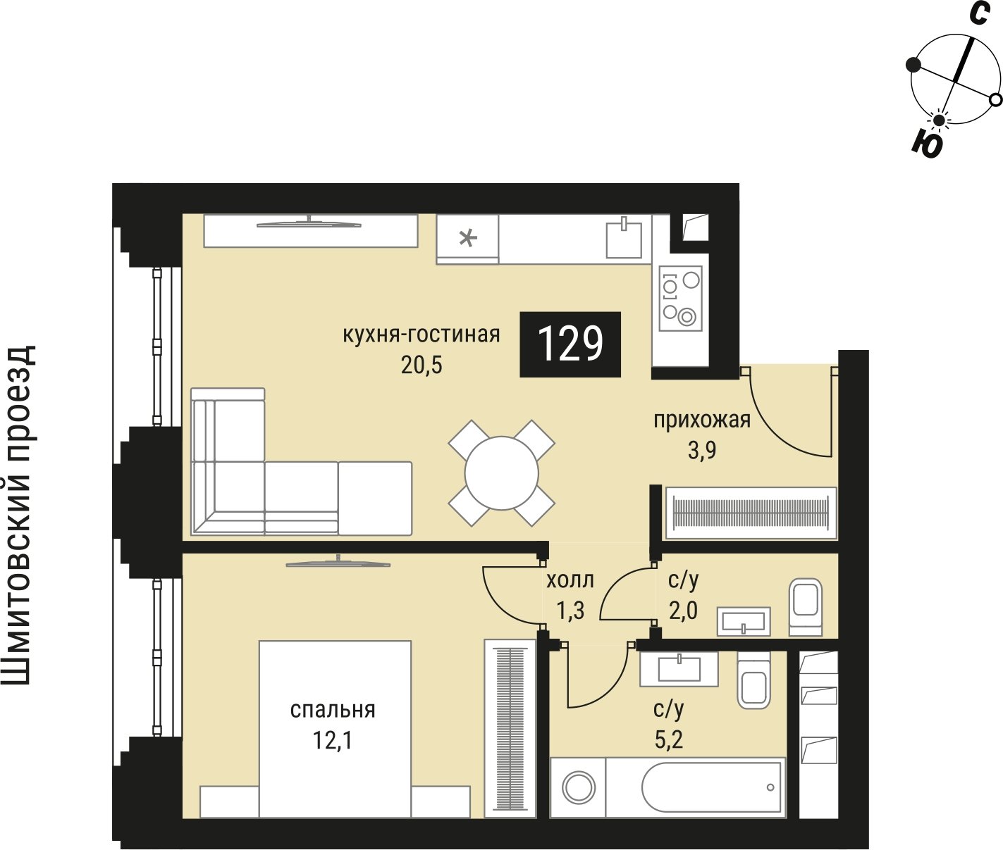 1-комнатная квартира без отделки, 45.6 м2, 14 этаж, сдача 2 квартал 2026 г., ЖК Шелепиха, корпус 1 - объявление 2383560 - фото №1