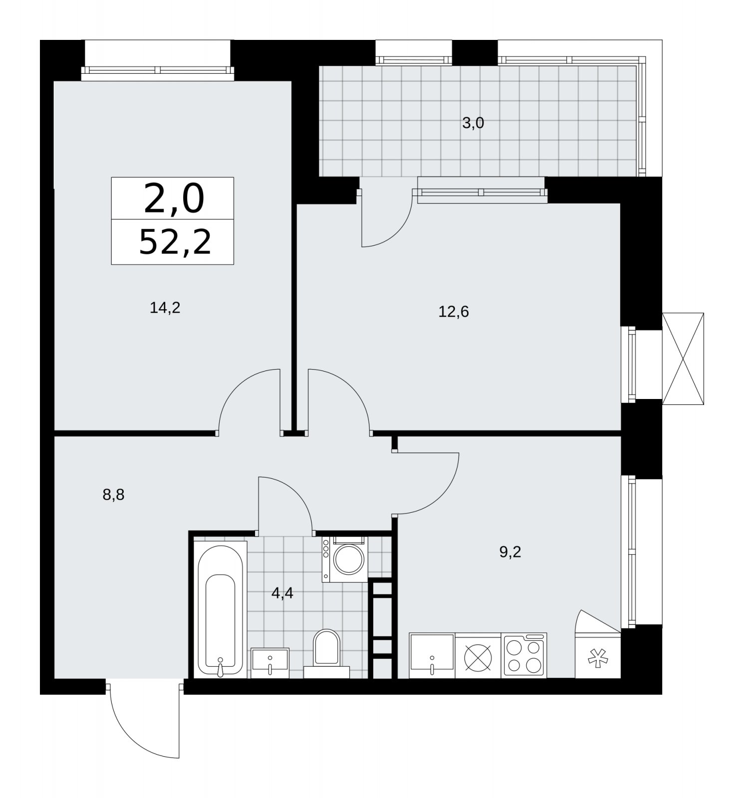 2-комнатная квартира с частичной отделкой, 52.2 м2, 14 этаж, сдача 1 квартал 2026 г., ЖК Бунинские кварталы, корпус 6.1 - объявление 2252476 - фото №1