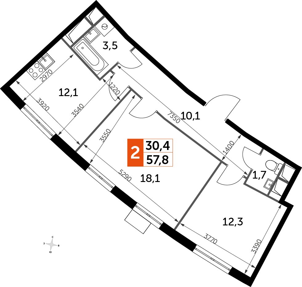 2-комнатная квартира без отделки, 57.9 м2, 8 этаж, дом сдан, ЖК UP-квартал Римский, корпус 7 - объявление 2353975 - фото №1
