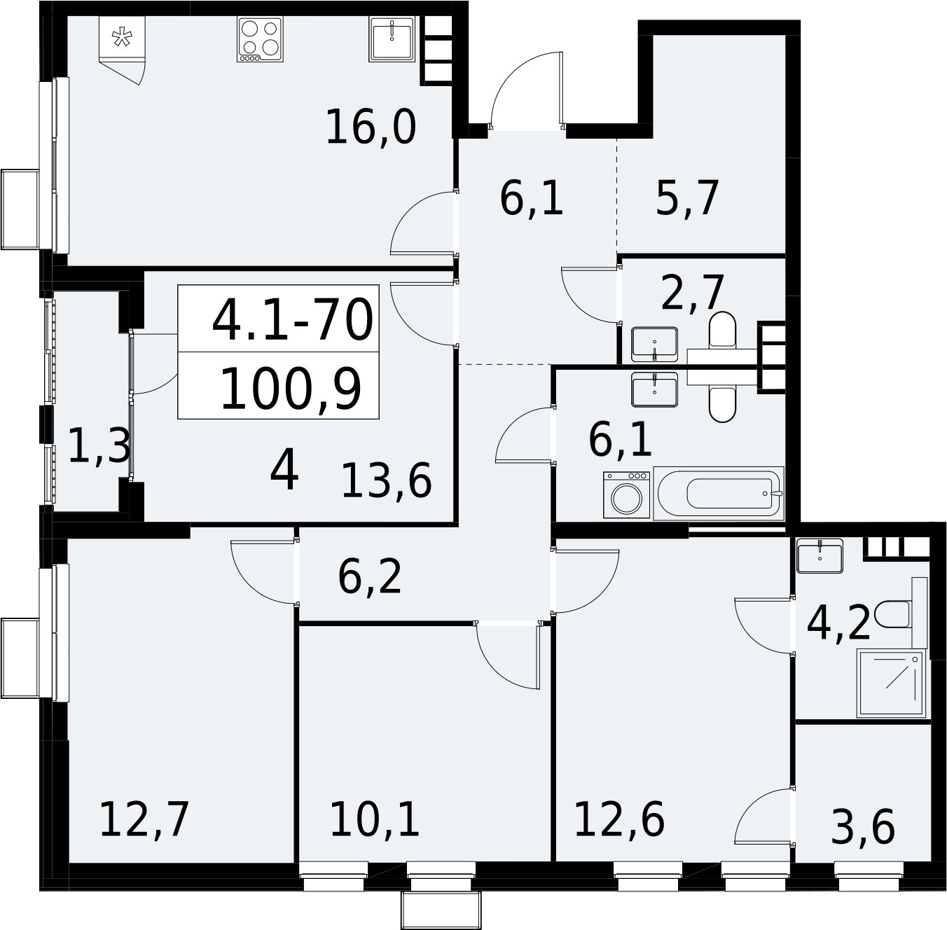 4-комнатная квартира с полной отделкой, 100.9 м2, 13 этаж, сдача 2 квартал 2027 г., ЖК Южные сады, корпус 4.1.1 - объявление 2392611 - фото №1