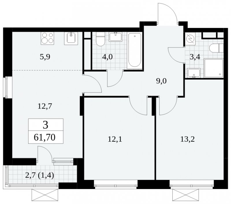 3-комнатная квартира (евро) с частичной отделкой, 61.7 м2, 11 этаж, сдача 2 квартал 2025 г., ЖК Прокшино, корпус 5.1.2 - объявление 1860324 - фото №1