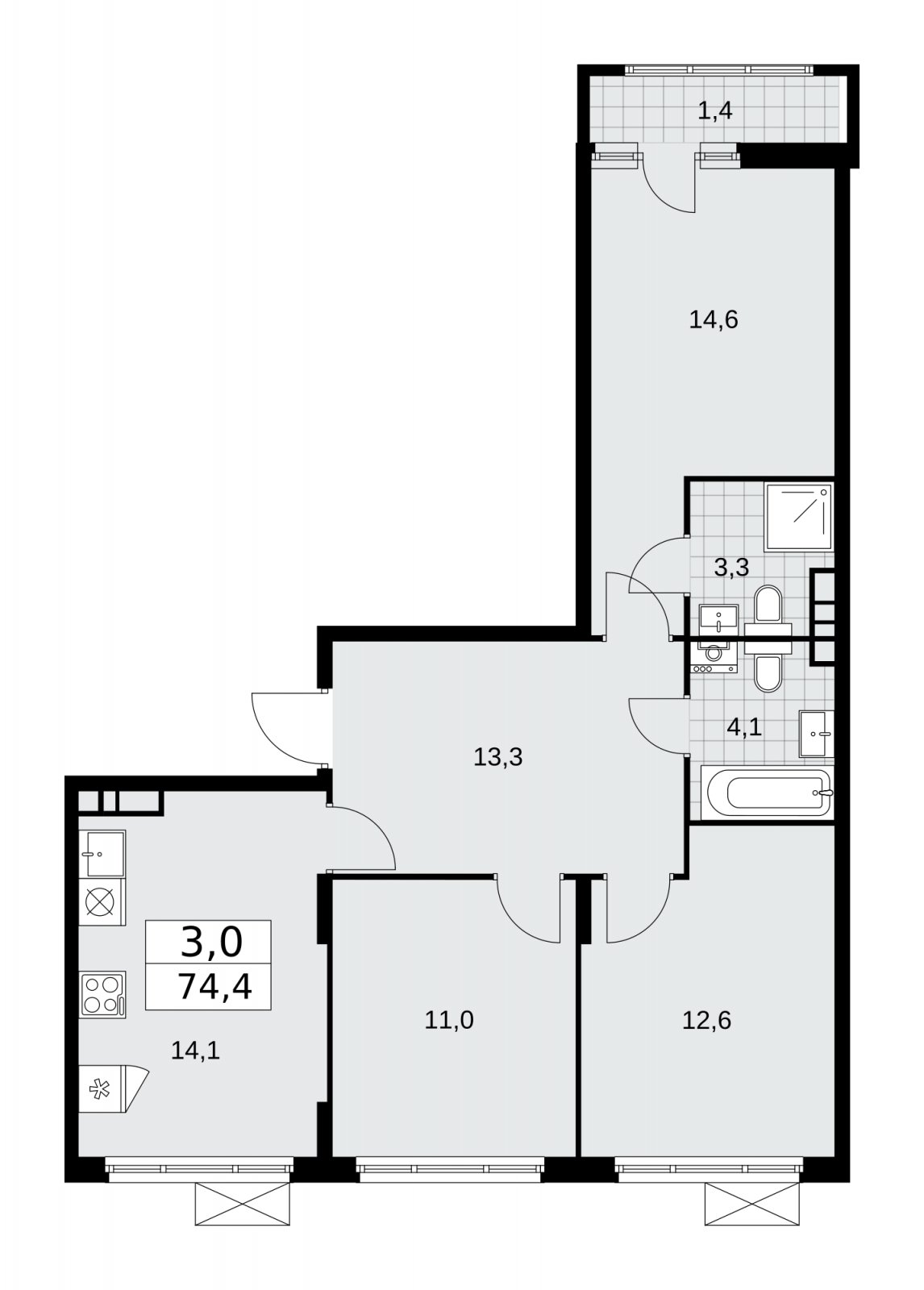3-комнатная квартира без отделки, 74.4 м2, 9 этаж, сдача 1 квартал 2026 г., ЖК Прокшино, корпус 10.1.2 - объявление 2227073 - фото №1