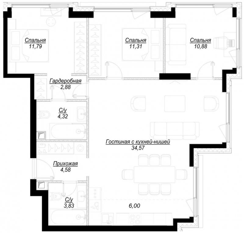 3-комнатная квартира с частичной отделкой, 90.2 м2, 32 этаж, сдача 1 квартал 2023 г., ЖК Hide, корпус RiverSide - объявление 1699964 - фото №1