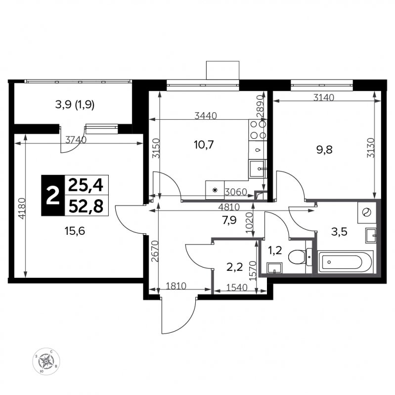 2-комнатная квартира с частичной отделкой, 52.8 м2, 15 этаж, сдача 3 квартал 2023 г., ЖК Южная Битца, корпус 11 - объявление 1818060 - фото №1