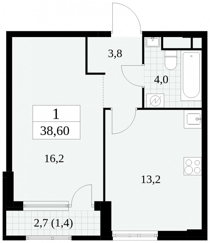 1-комнатная квартира без отделки, 38.6 м2, 4 этаж, сдача 2 квартал 2025 г., ЖК Южные сады, корпус 2.3 - объявление 1758134 - фото №1