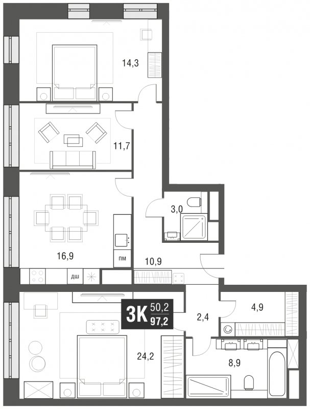 3-комнатная квартира с частичной отделкой, 97.2 м2, 15 этаж, сдача 2 квартал 2024 г., ЖК AFI Tower, корпус 1 - объявление 1930786 - фото №1