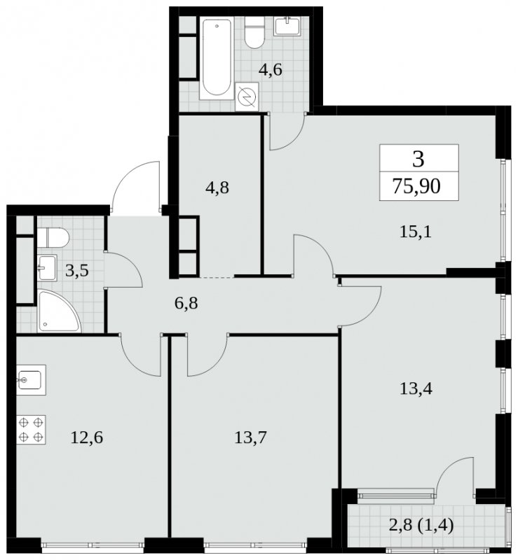 3-комнатная квартира без отделки, 75.9 м2, 25 этаж, сдача 2 квартал 2025 г., ЖК Южные сады, корпус 2.4 - объявление 1760395 - фото №1