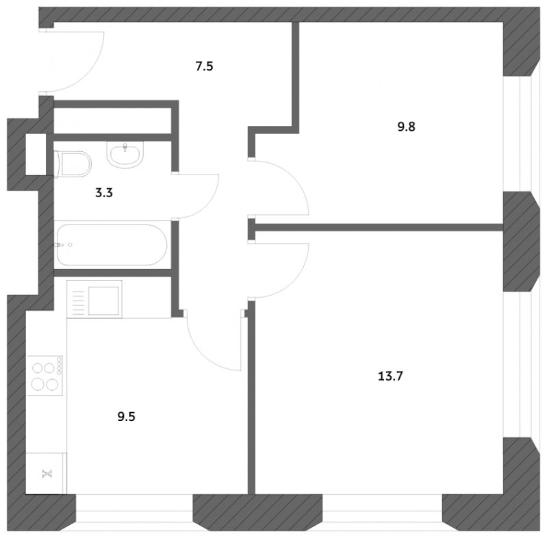 2-комнатная квартира с частичной отделкой, 43.88 м2, 21 этаж, сдача 4 квартал 2023 г., ЖК Городские истории, корпус 1 - объявление 1652344 - фото №1