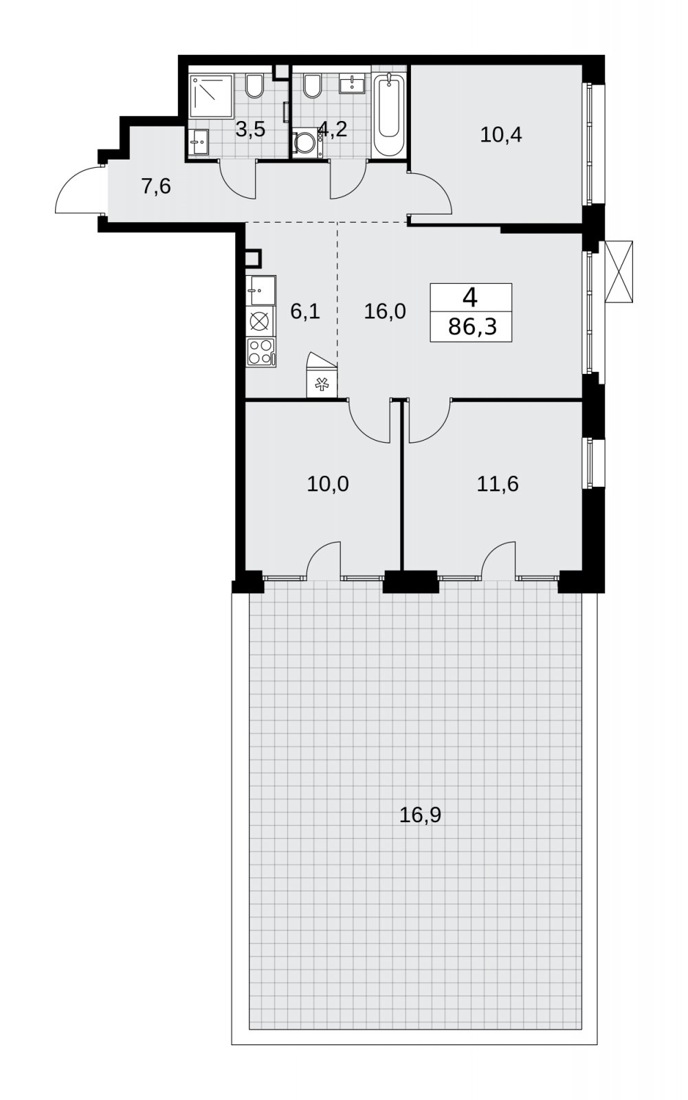 4-комнатная квартира (евро) с частичной отделкой, 86.3 м2, 2 этаж, сдача 2 квартал 2026 г., ЖК Деснаречье, корпус 4.6 - объявление 2264594 - фото №1
