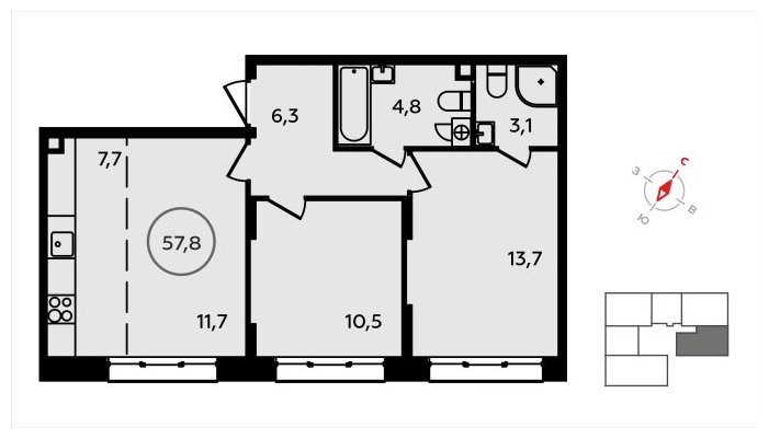 3-комнатная квартира (евро) без отделки, 57.8 м2, 2 этаж, сдача 3 квартал 2024 г., ЖК Скандинавия, корпус 22.2 - объявление 1625348 - фото №1