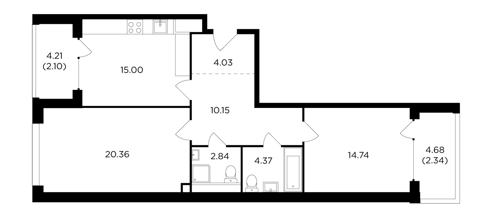 2-комнатная квартира без отделки, 75.93 м2, 16 этаж, дом сдан, ЖК RiverSky, корпус 8 - объявление 2385451 - фото №1