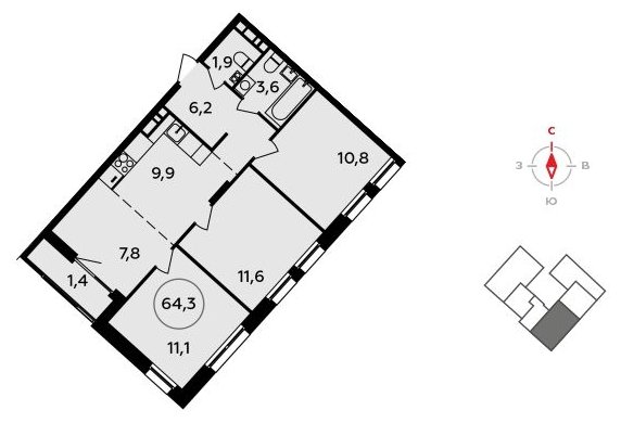 4-комнатная квартира (евро) без отделки, 64.3 м2, 7 этаж, сдача 3 квартал 2023 г., ЖК Прокшино, корпус 4.5 - объявление 1863510 - фото №1