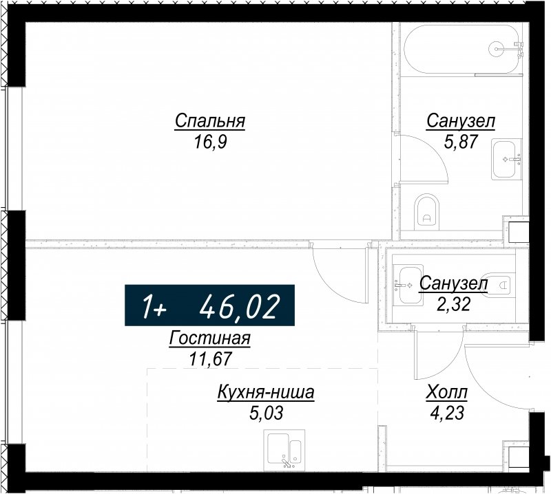 1-комнатная квартира с полной отделкой, 46.02 м2, 9 этаж, сдача 4 квартал 2022 г., ЖК Селигер Сити, корпус Кандинский - объявление 1709424 - фото №1