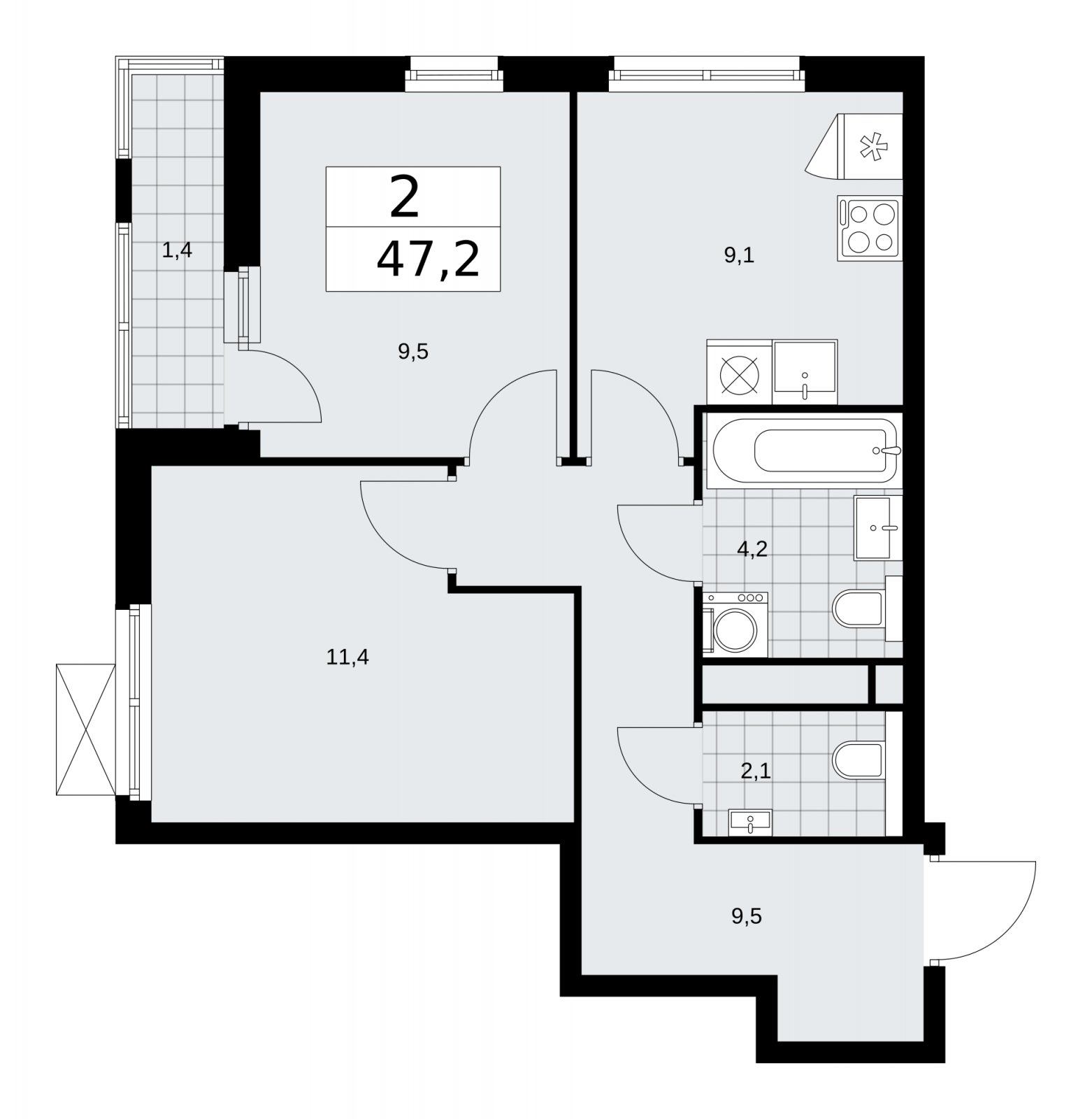 2-комнатная квартира без отделки, 47.2 м2, 9 этаж, сдача 1 квартал 2026 г., ЖК Прокшино, корпус 11.2.1 - объявление 2269951 - фото №1