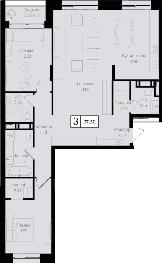 3-комнатная квартира (евро) без отделки, 98.2 м2, 3 этаж, сдача 3 квартал 2024 г., ЖК Преображенская площадь, корпус 2 - объявление 2266304 - фото №1