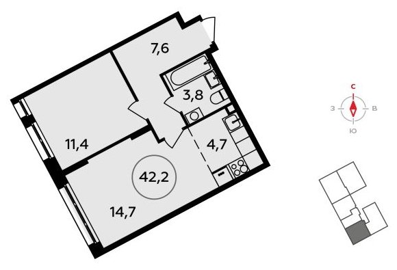 2-комнатная квартира (евро) без отделки, 42.2 м2, 2 этаж, сдача 3 квартал 2023 г., ЖК Прокшино, корпус 4.4 - объявление 1498234 - фото №1