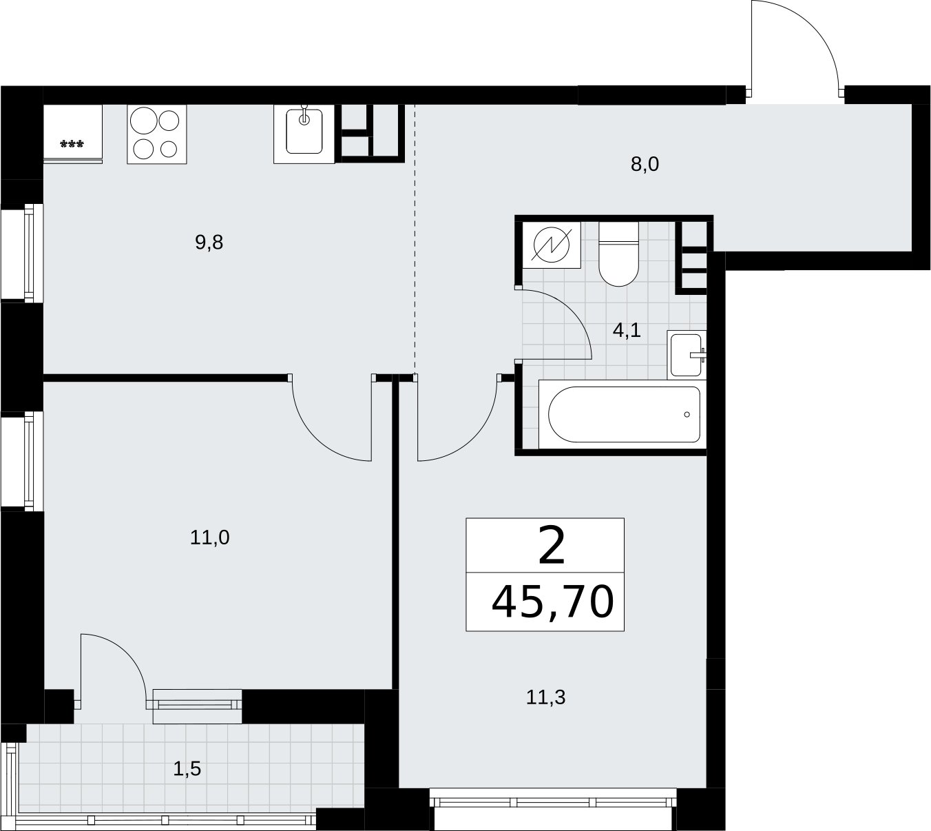 2-комнатная квартира с полной отделкой, 45.7 м2, 4 этаж, сдача 4 квартал 2026 г., ЖК Родные кварталы, корпус 3.3 - объявление 2378463 - фото №1