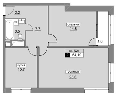 2-комнатная квартира без отделки, 63.7 м2, 7 этаж, дом сдан, ЖК Румянцево-Парк, корпус 3 - объявление 1933393 - фото №1