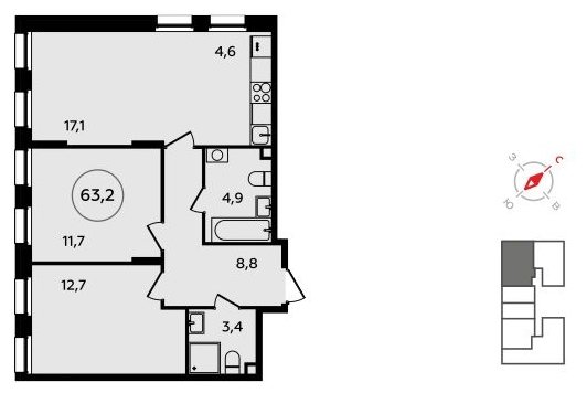 3-комнатная квартира (евро) без отделки, 63.2 м2, 2 этаж, сдача 3 квартал 2023 г., ЖК Прокшино, корпус 4.6 - объявление 1498898 - фото №1