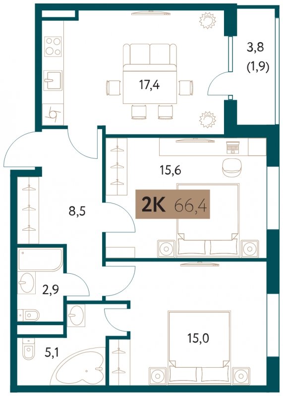 2-комнатная квартира 66.4 м2, 7 этаж, сдача 4 квартал 2022 г., ЖК Настоящее, корпус 2 - объявление 1711323 - фото №1