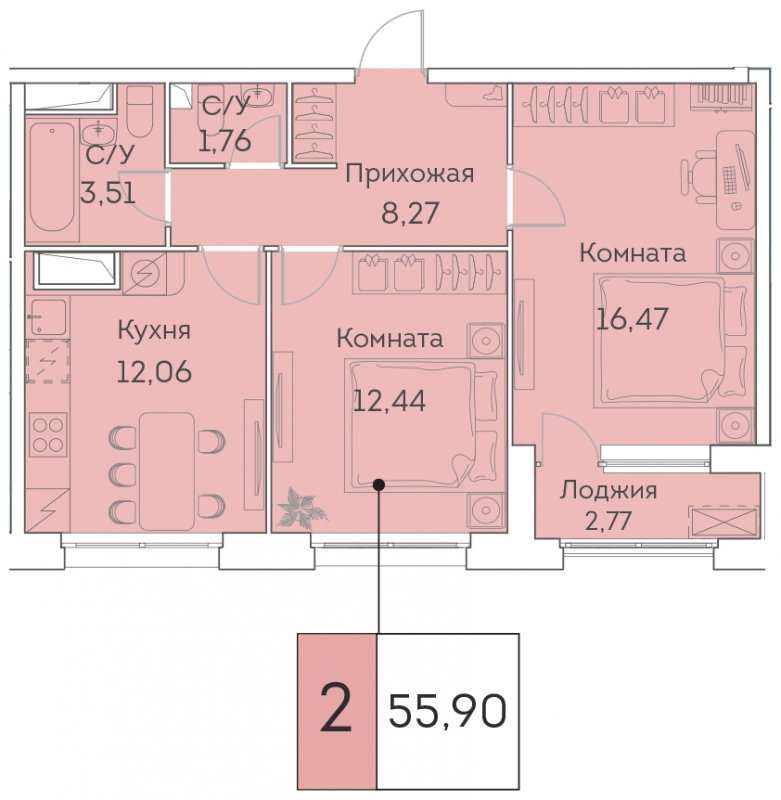 2-комнатная квартира с частичной отделкой, 55.9 м2, 23 этаж, сдача 3 квартал 2023 г., ЖК Аквилон BESIDE, корпус 1 - объявление 1419459 - фото №1