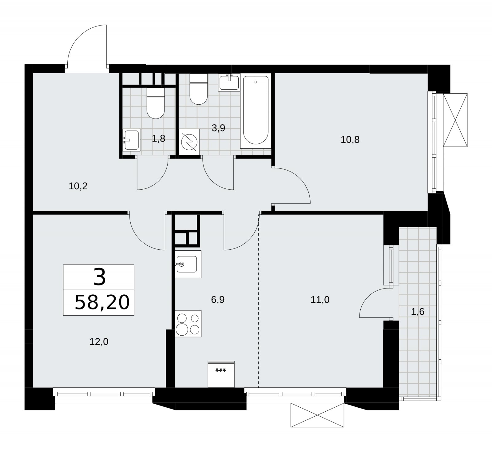 3-комнатная квартира (евро) с частичной отделкой, 58.2 м2, 4 этаж, сдача 4 квартал 2025 г., ЖК Скандинавия, корпус 28.4 - объявление 2202749 - фото №1